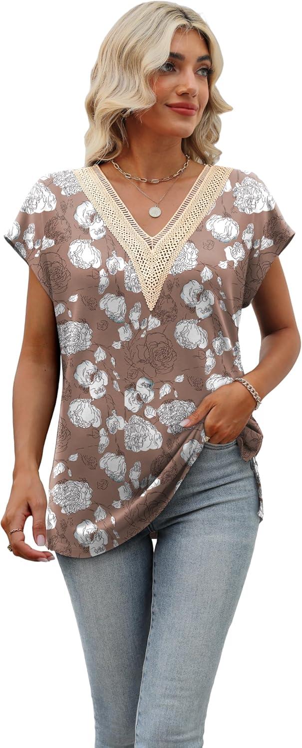 imageWomens Cap Sleeve Summer Tops 2025 Trendy Tank Tops Lace V Neck Loose Fit ShirtsBpattern 11