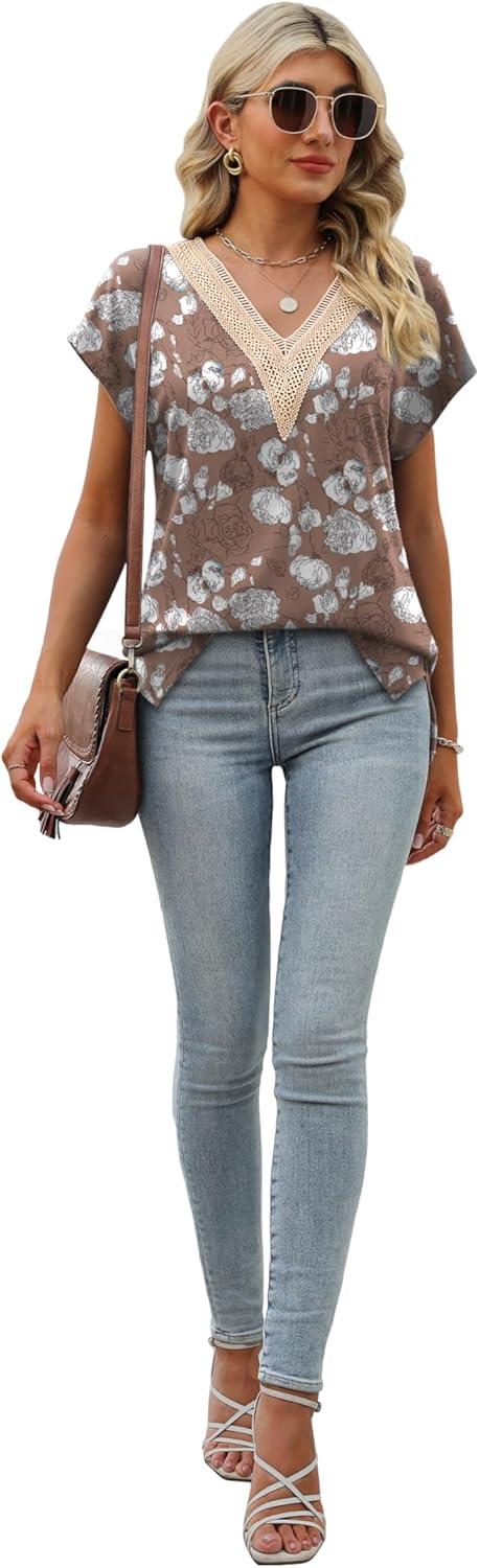 imageWomens Cap Sleeve Summer Tops 2025 Trendy Tank Tops Lace V Neck Loose Fit ShirtsBpattern 11