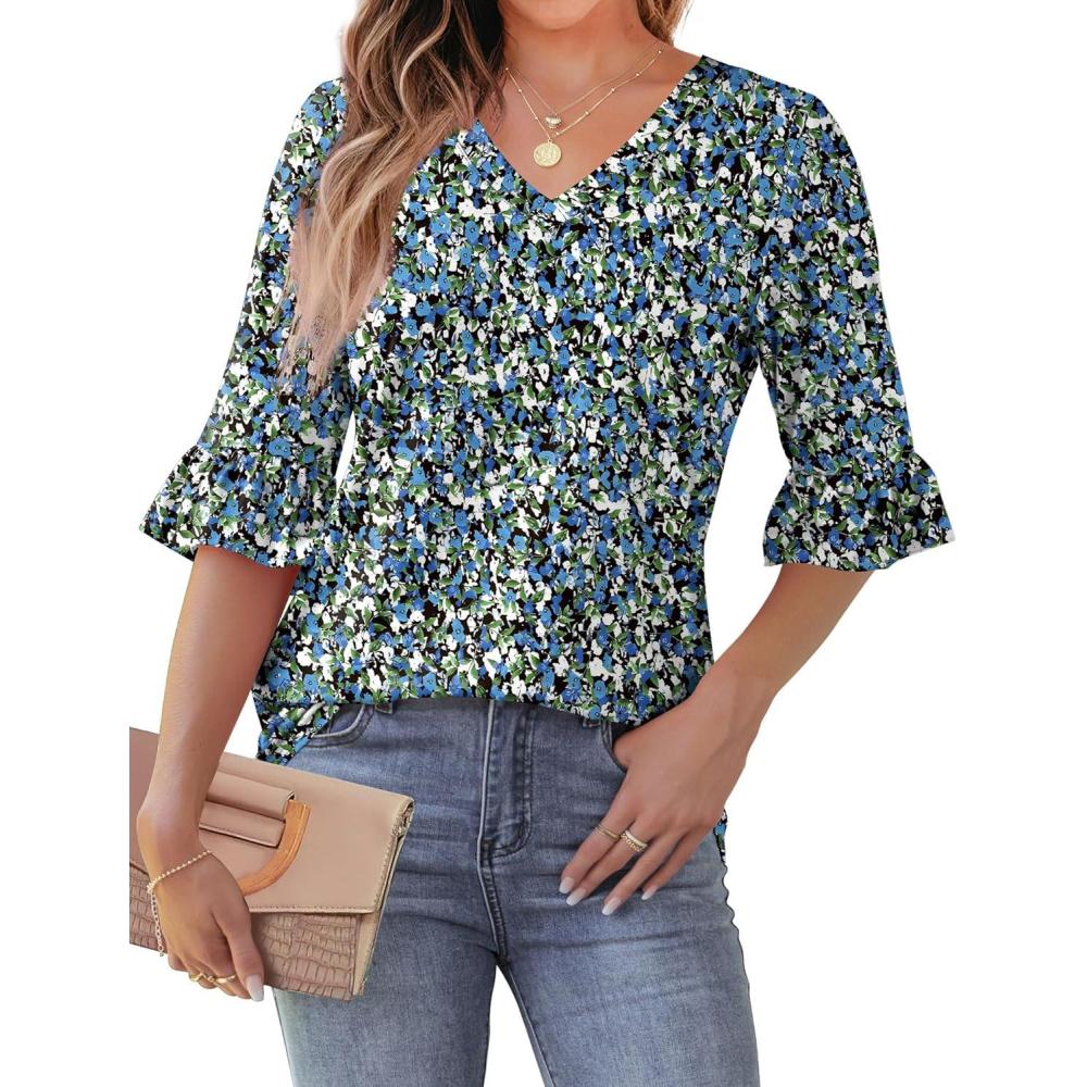imageSAMPEEL 34 Length Sleeves Womens Tops Blouses for Women Dressy Casual Tops Trendy Summer Shirts Spring Clothes 2025Floral Blue