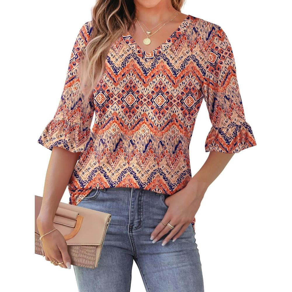 imageSAMPEEL 34 Length Sleeves Womens Tops Blouses for Women Dressy Casual Tops Trendy Summer Shirts Spring Clothes 2025Floral Bohemia