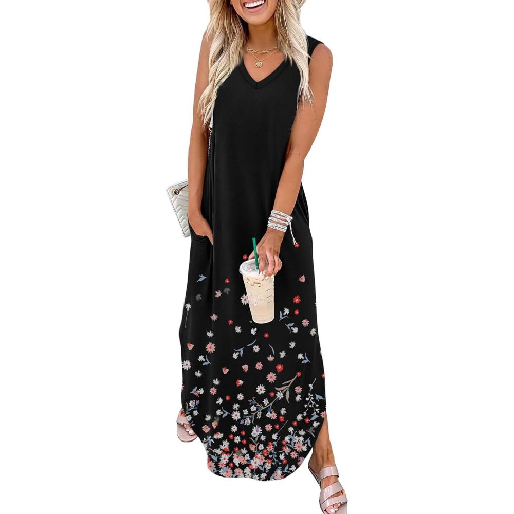 imageSAMPEEL Summer Dresses Maxi Dress Vacation Beach Sundresses 2025 with PocketsFloral Black