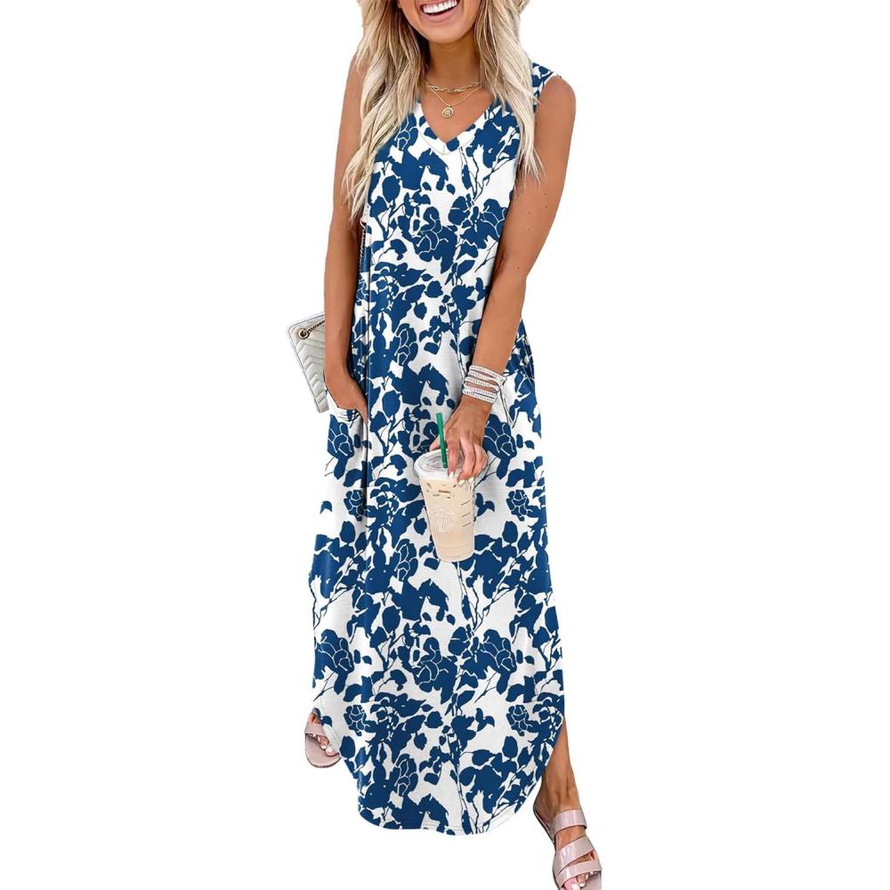 imageSAMPEEL Summer Dresses Maxi Dress Vacation Beach Sundresses 2025 with PocketsFloral Blue and White Porcelain