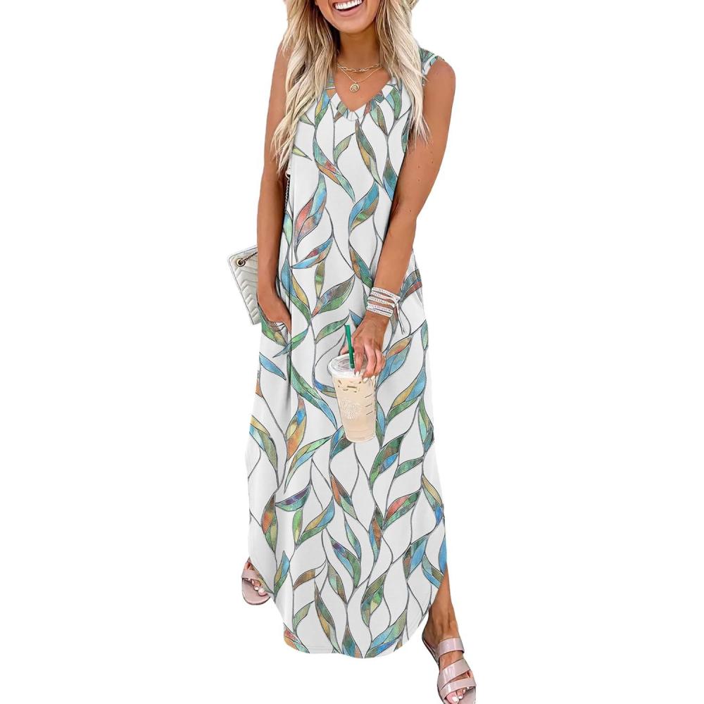 imageSAMPEEL Summer Dresses Maxi Dress Vacation Beach Sundresses 2025 with PocketsFloral Green Leaf