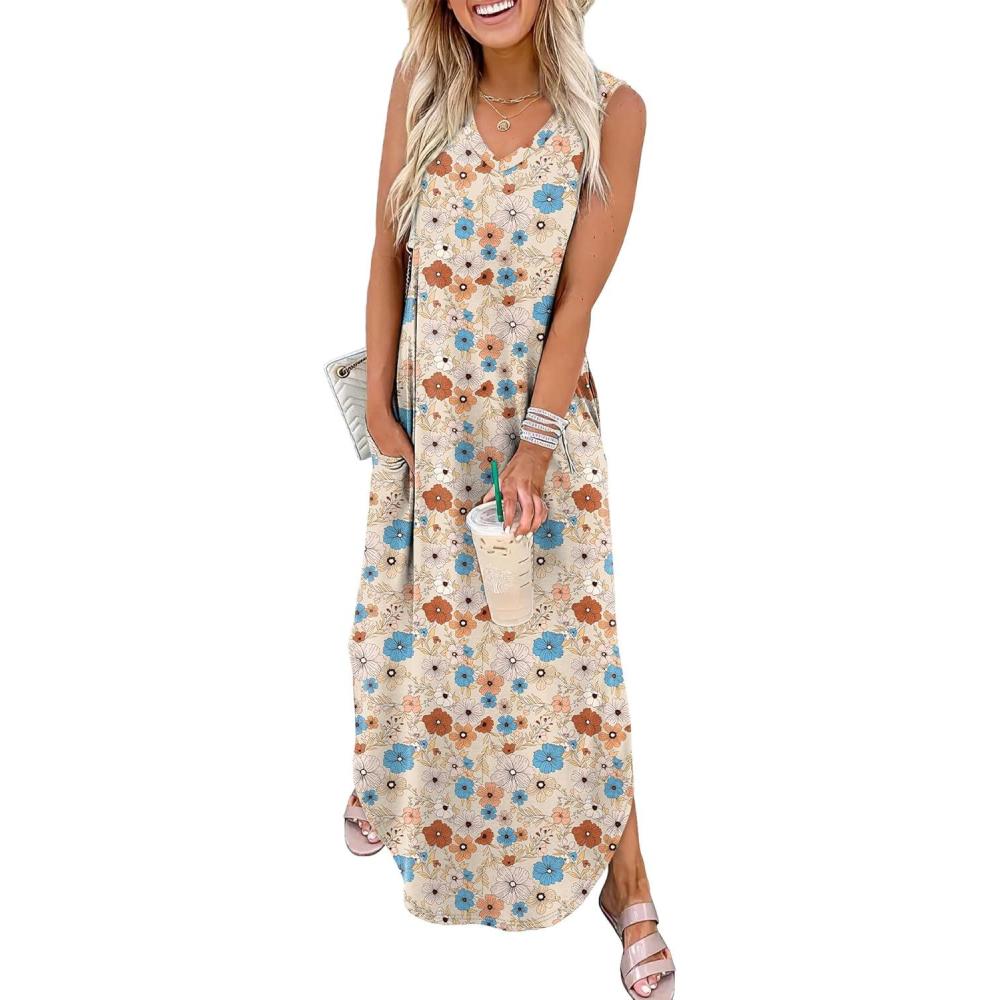 imageSAMPEEL Summer Dresses Maxi Dress Vacation Beach Sundresses 2025 with PocketsFloral Khaki Pink Blue Flowers