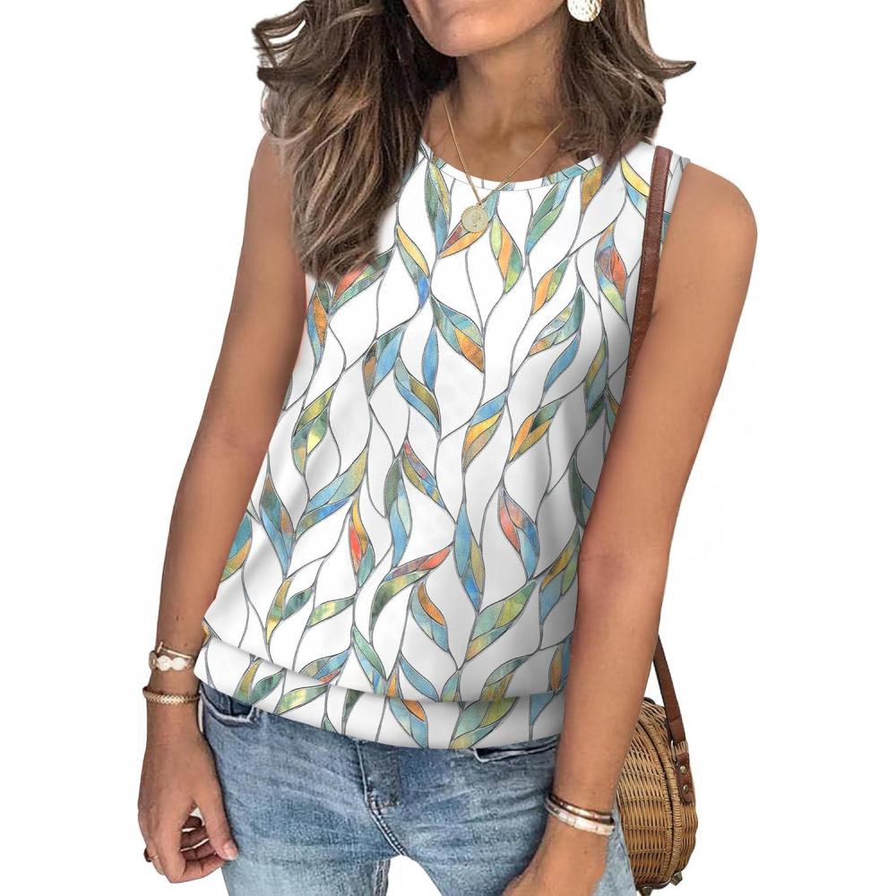imageSAMPEEL Summer Tank Tops for Women Loose Fit Casual Round Neck Sleeveless Eyelet Tanks Trendy Vocation Outfits 2025Leaf Print