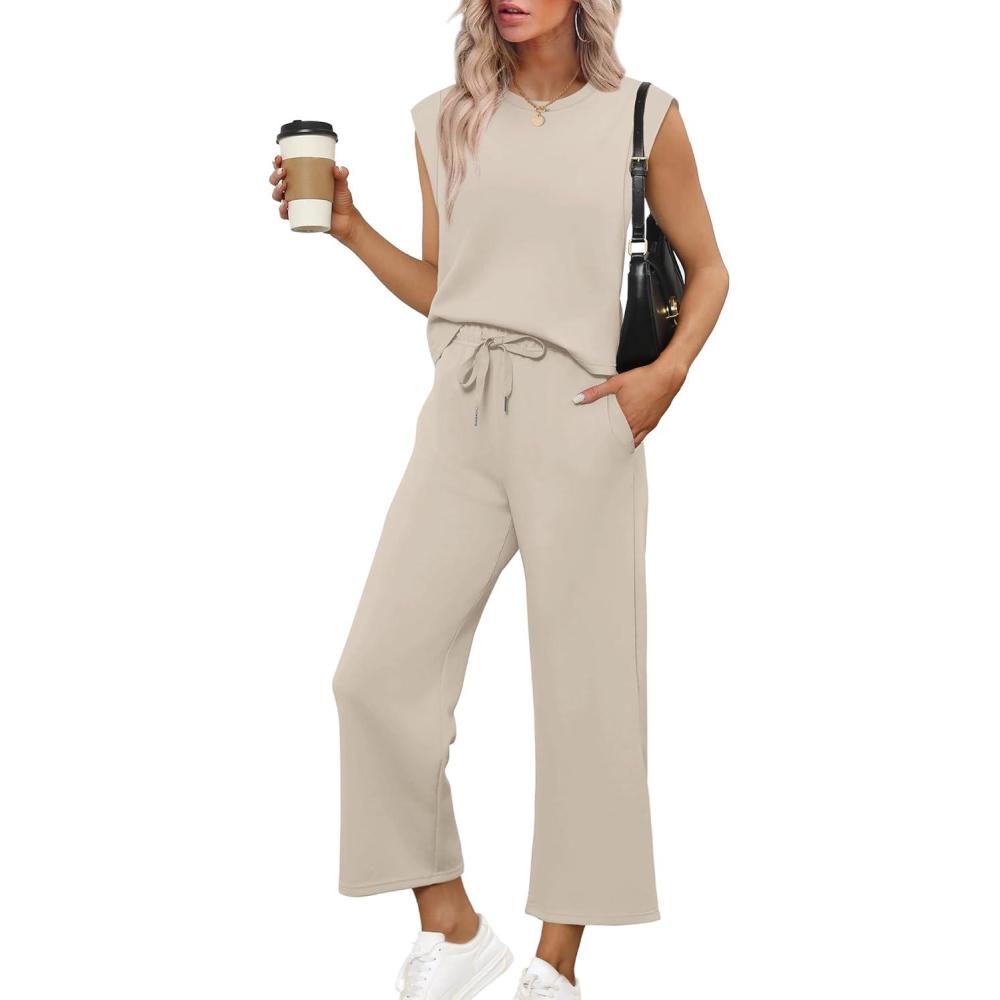 imageSAMPEEL Two Piece Sets for Women Casual Travel Vacation Outfits Summer Wide Leg Crop Pants Lounge SetsBeige