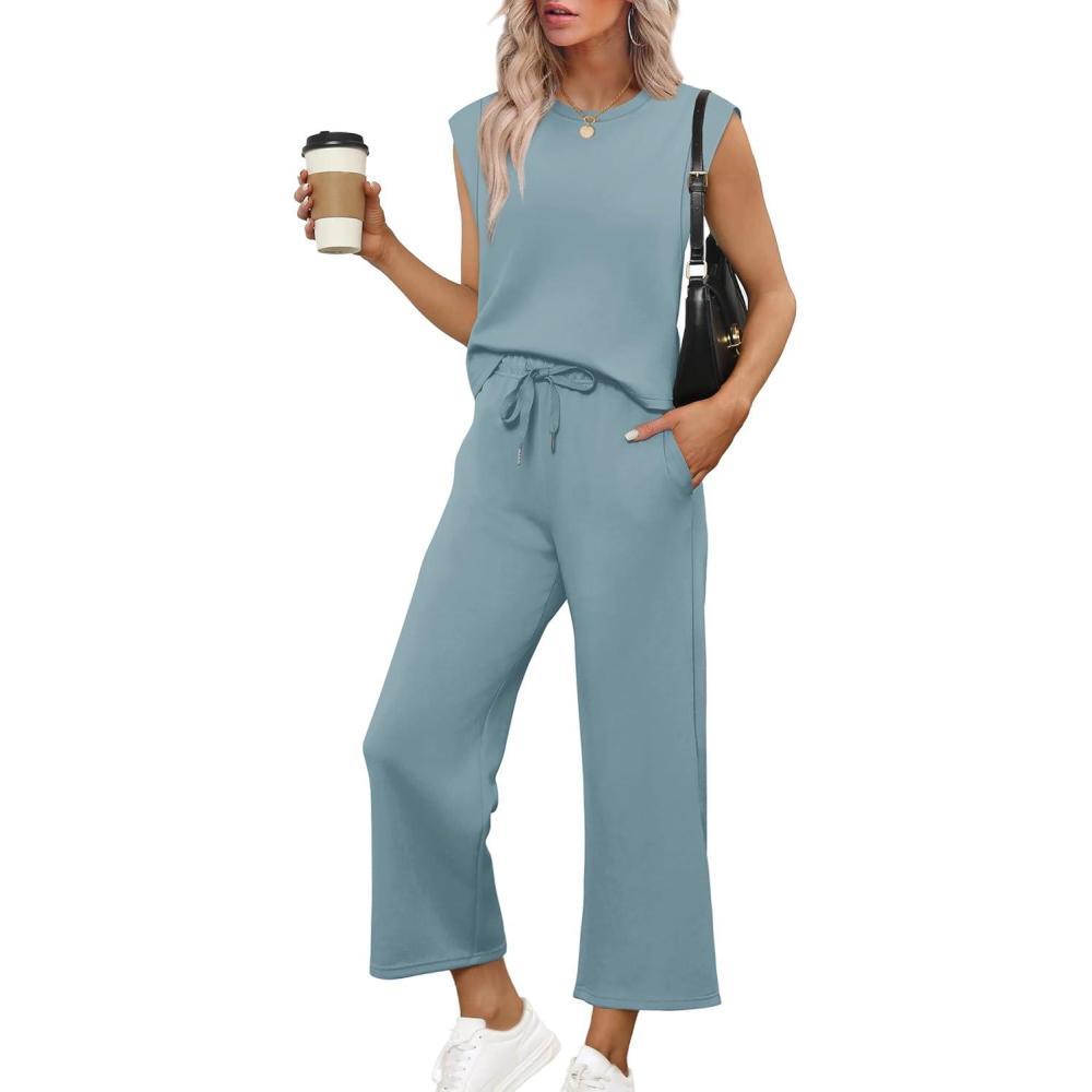 imageSAMPEEL Two Piece Sets for Women Casual Travel Vacation Outfits Summer Wide Leg Crop Pants Lounge SetsLake Blue