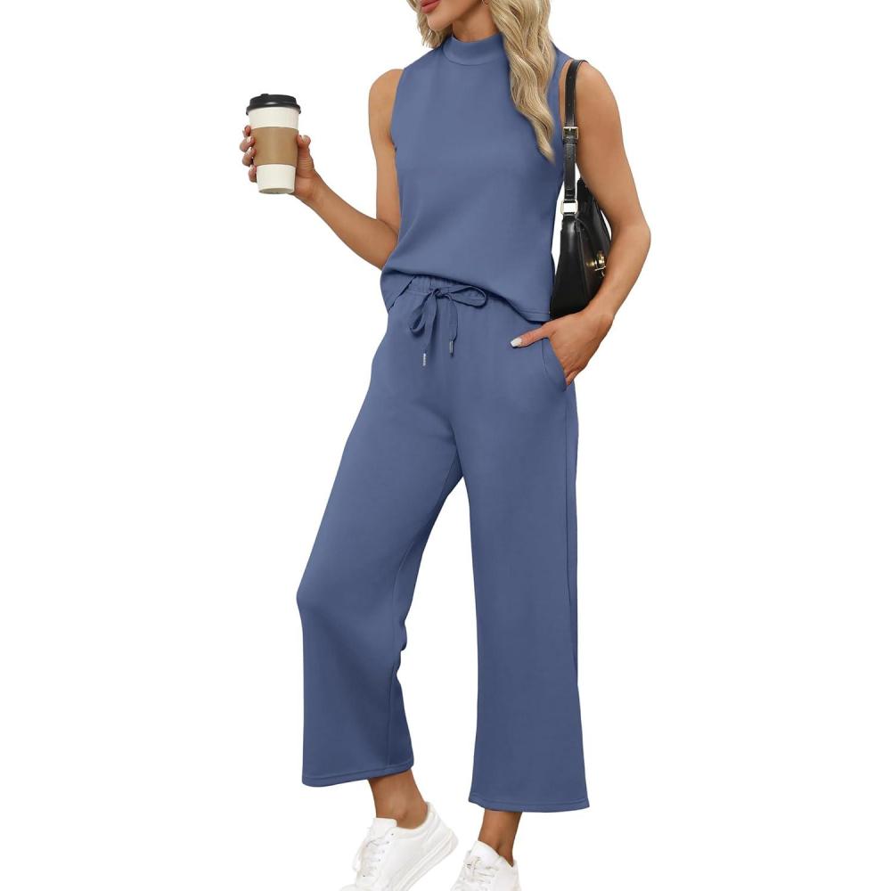 imageSAMPEEL Two Piece Sets for Women Summer Outfits Lounge Sets Mock Neck Tops Wide Leg Crop Pants Vacation Travel OutfitsBlue