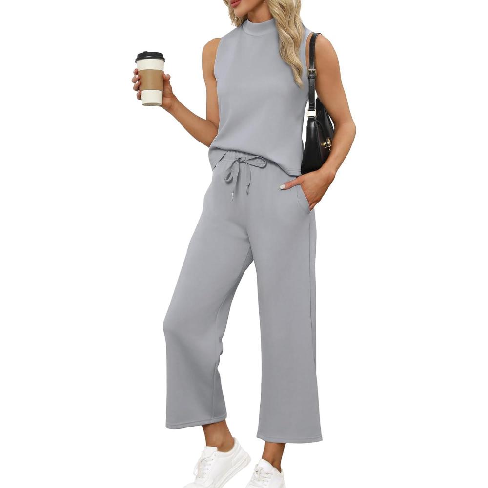 imageSAMPEEL Two Piece Sets for Women Summer Outfits Lounge Sets Mock Neck Tops Wide Leg Crop Pants Vacation Travel OutfitsLight Gray