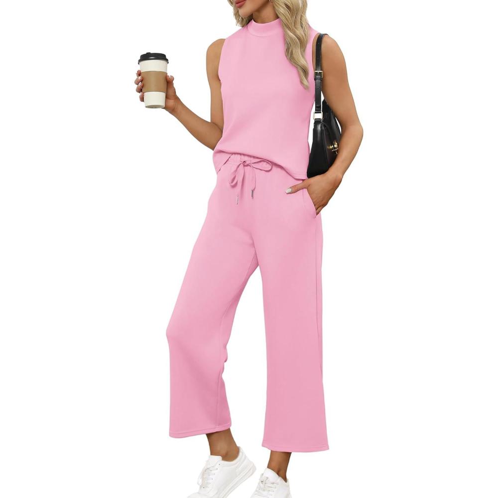 imageSAMPEEL Two Piece Sets for Women Summer Outfits Lounge Sets Mock Neck Tops Wide Leg Crop Pants Vacation Travel OutfitsLight Pink