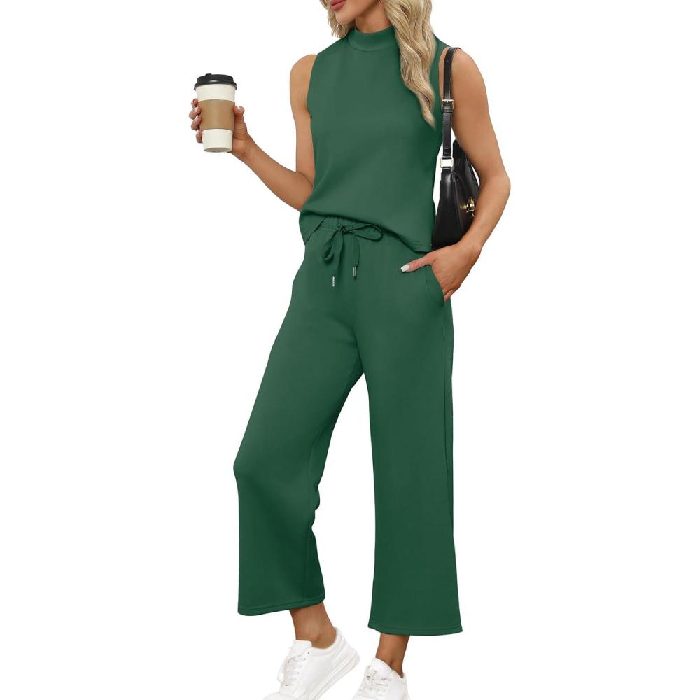 imageSAMPEEL Two Piece Sets for Women Summer Outfits Lounge Sets Mock Neck Tops Wide Leg Crop Pants Vacation Travel OutfitsPeacock Green