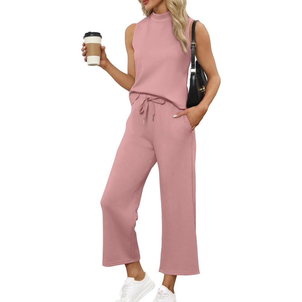 imageSAMPEEL Two Piece Sets for Women Summer Outfits Lounge Sets Mock Neck Tops Wide Leg Crop Pants Vacation Travel OutfitsPink