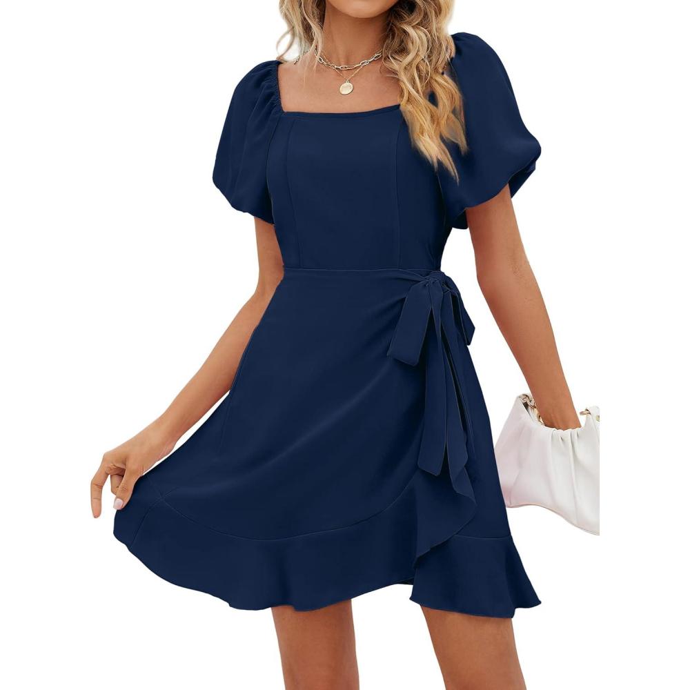 imageSAMPEEL Womens Summer Dresses Square Neck Puff Sleeve Tie Waist Short DressBlue