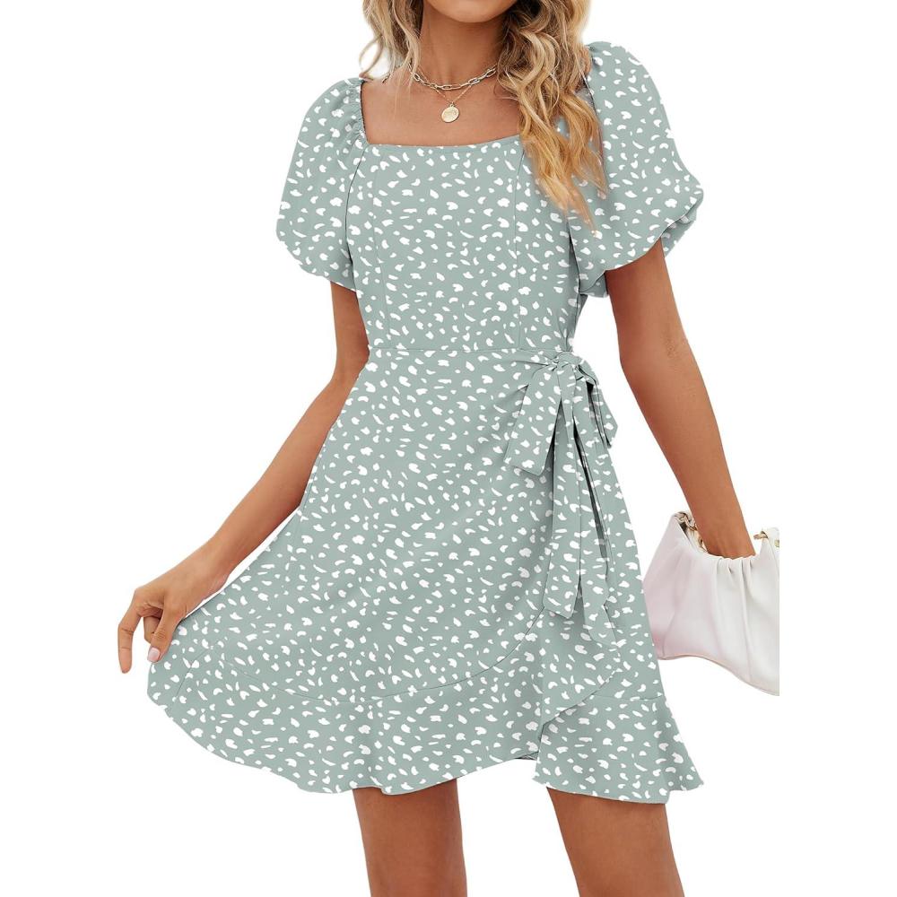 imageSAMPEEL Womens Summer Dresses Square Neck Puff Sleeve Tie Waist Short DressFloral Green Dot