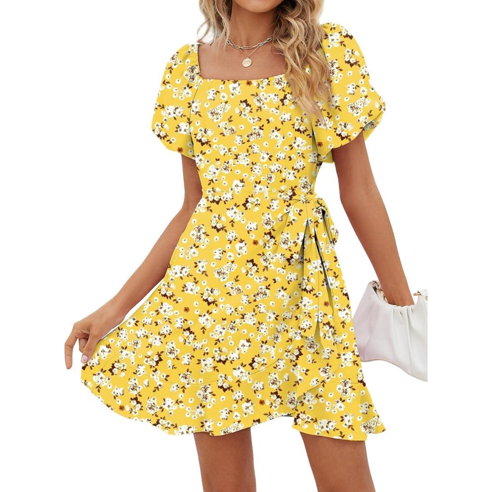 imageSAMPEEL Womens Summer Dresses Square Neck Puff Sleeve Tie Waist Short DressFloral Yellow