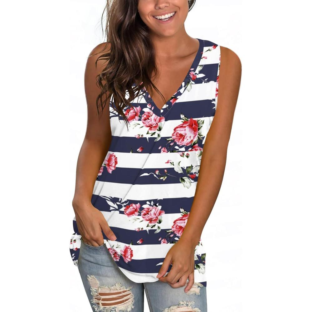 imageSAMPEEL Womens Summer Tank Tops Basic Tanks V Neck Sleeveless T Shirts Side Split128bluerose