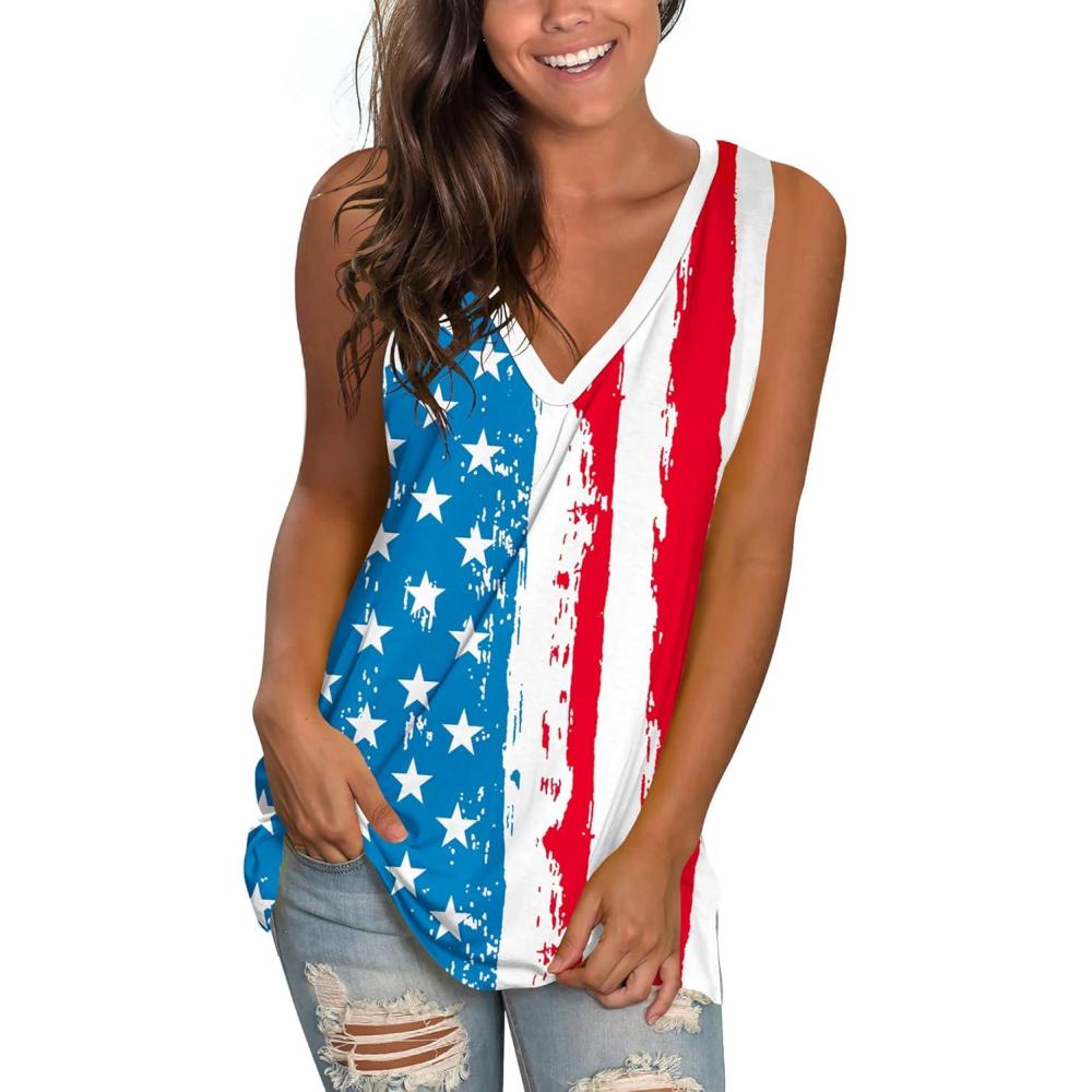 imageSAMPEEL Womens Summer Tank Tops Basic Tanks V Neck Sleeveless T Shirts Side Split129flag B