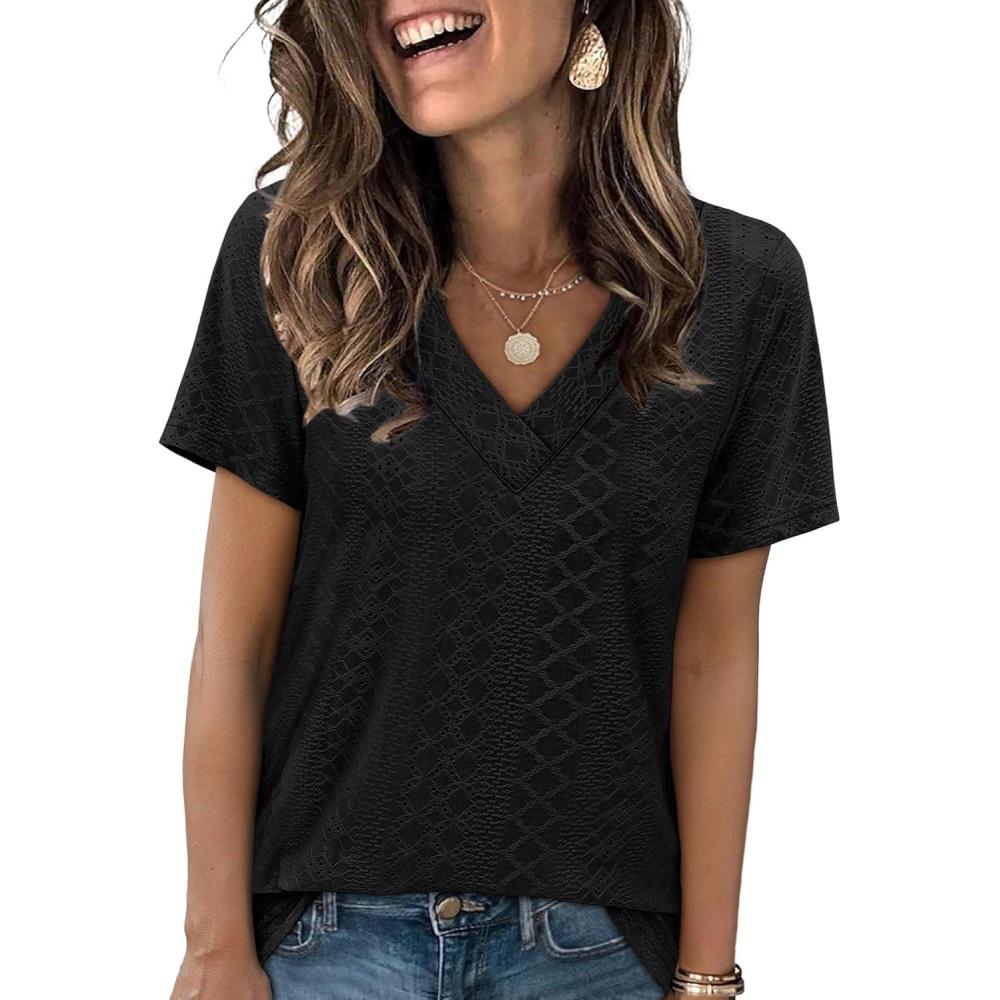 imageSAMPEEL Womens Summer Tops Trendy 2025 Eyelet Crossed V Neck T Shirts Loose Casual Short Sleeve Tshirts Shirts FashionAll Black