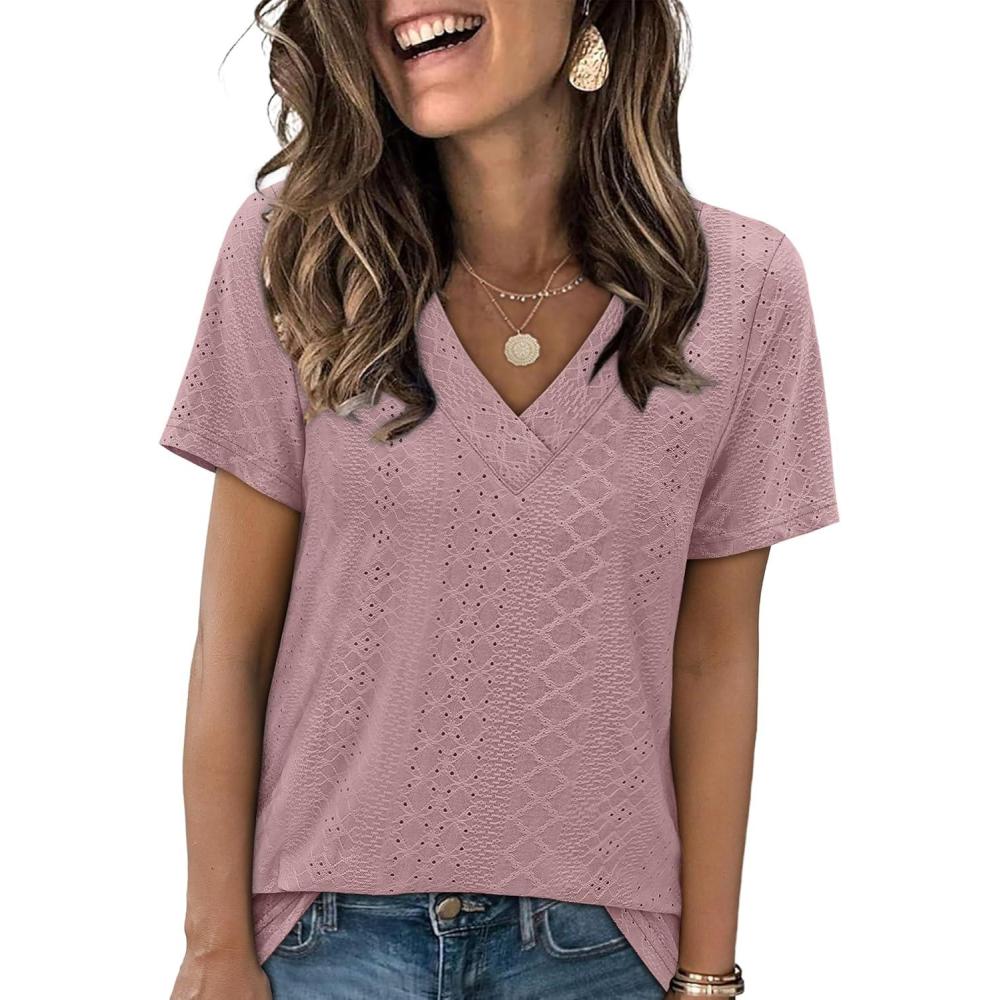imageSAMPEEL Womens Summer Tops Trendy 2025 Eyelet Crossed V Neck T Shirts Loose Casual Short Sleeve Tshirts Shirts FashionDusty Pink