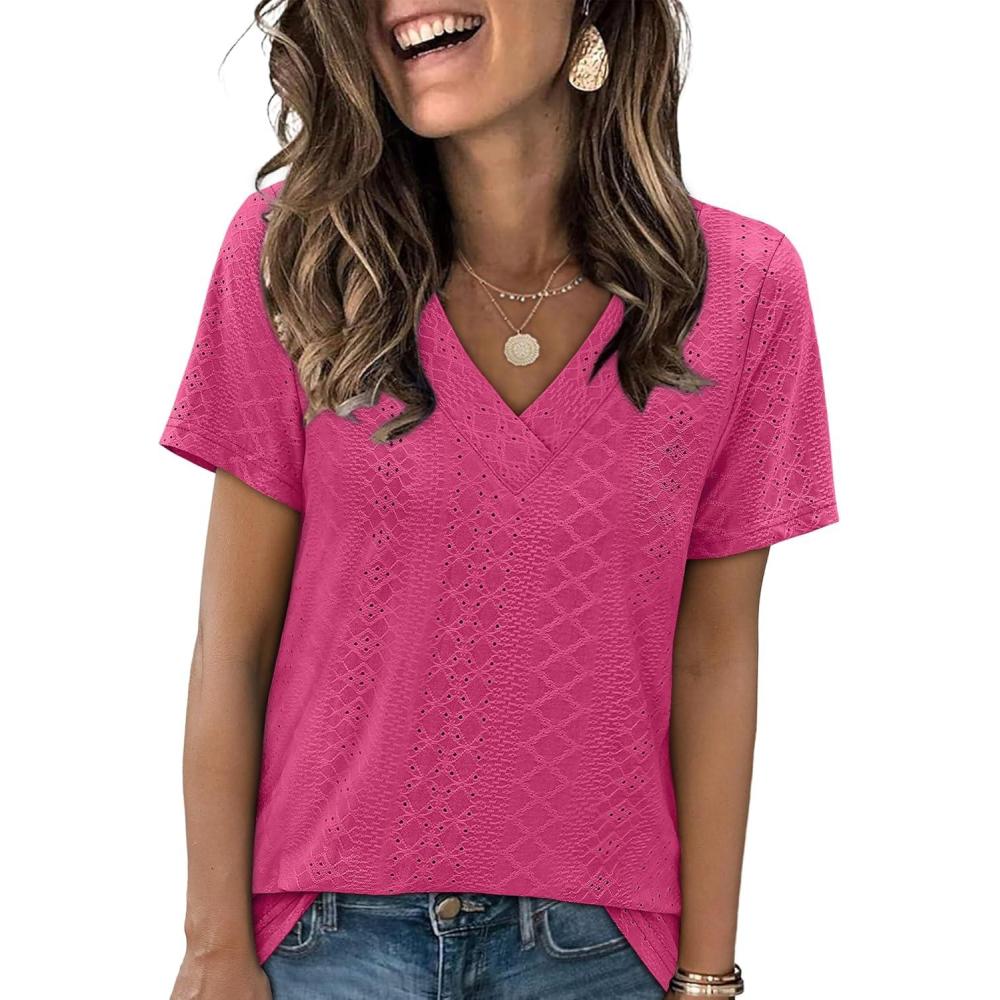 imageSAMPEEL Womens Summer Tops Trendy 2025 Eyelet Crossed V Neck T Shirts Loose Casual Short Sleeve Tshirts Shirts FashionHot Pink