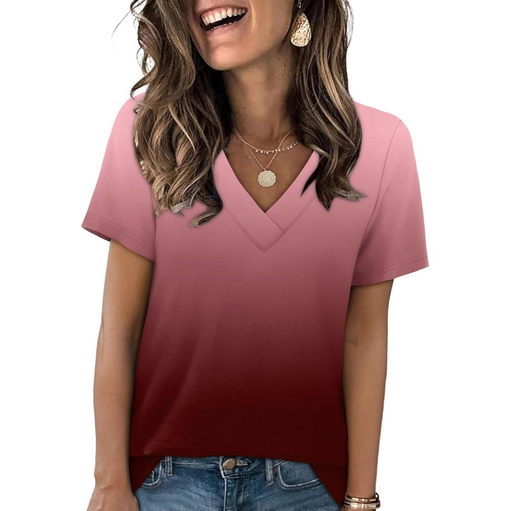 imageSAMPEEL Womens Summer Tops Trendy 2025 Eyelet Crossed V Neck T Shirts Loose Casual Short Sleeve Tshirts Shirts FashionOmbre Burgundy