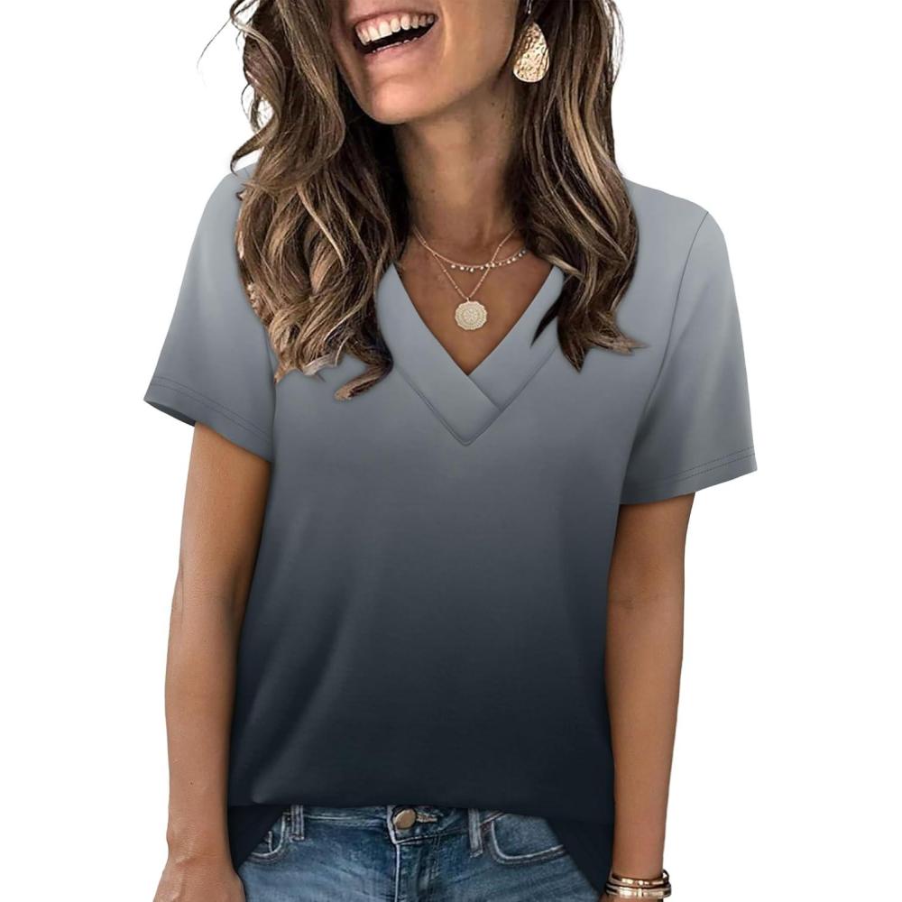 imageSAMPEEL Womens Summer Tops Trendy 2025 Eyelet Crossed V Neck T Shirts Loose Casual Short Sleeve Tshirts Shirts FashionOmbre Grey
