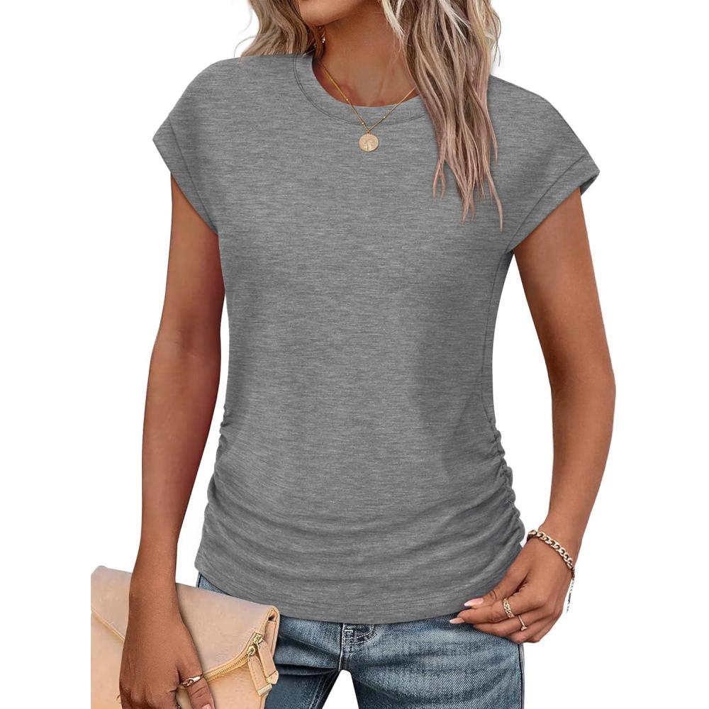 imageSAMPEEL Womens Summer Tops Trendy 2025 Ruched Cap Short Sleeve Tshirts Shirts Crew Neck T Shirts FashionGrey