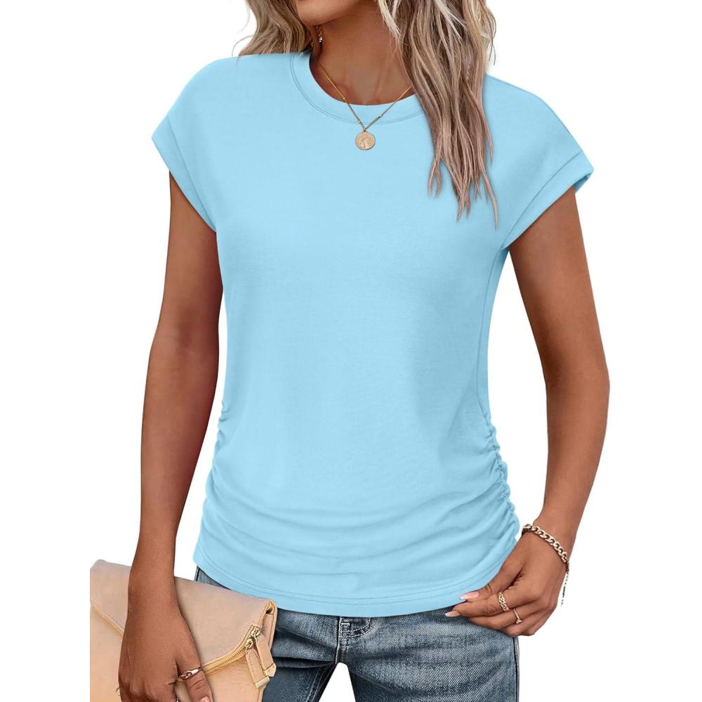 imageSAMPEEL Womens Summer Tops Trendy 2025 Ruched Cap Short Sleeve Tshirts Shirts Crew Neck T Shirts FashionMint Blue