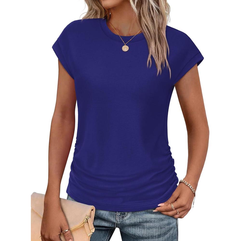 imageSAMPEEL Womens Summer Tops Trendy 2025 Ruched Cap Short Sleeve Tshirts Shirts Crew Neck T Shirts FashionNavy