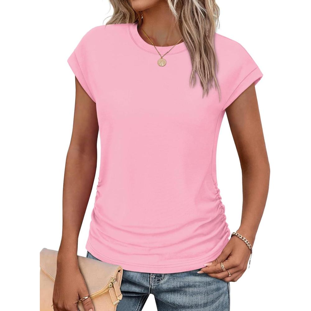 imageSAMPEEL Womens Summer Tops Trendy 2025 Ruched Cap Short Sleeve Tshirts Shirts Crew Neck T Shirts FashionPink