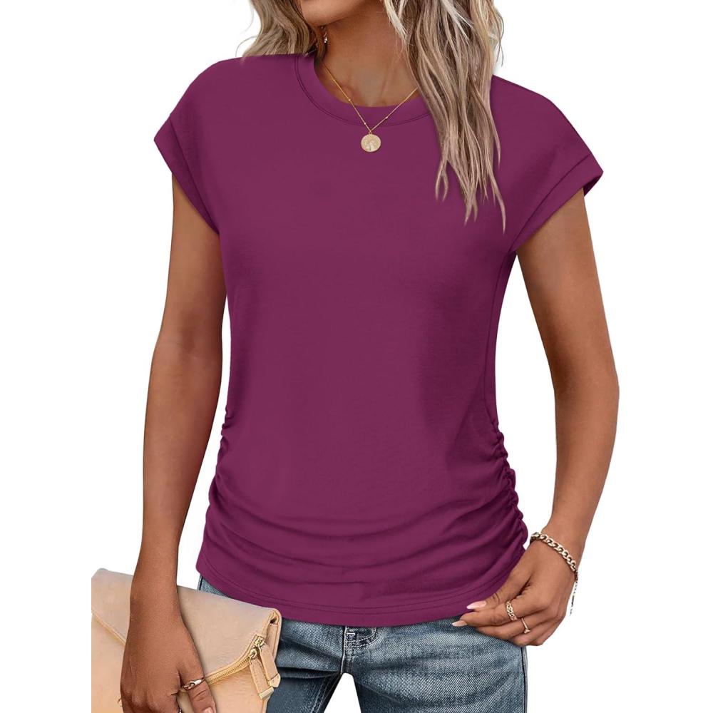 imageSAMPEEL Womens Summer Tops Trendy 2025 Ruched Cap Short Sleeve Tshirts Shirts Crew Neck T Shirts FashionPurple