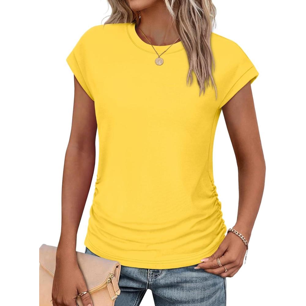 imageSAMPEEL Womens Summer Tops Trendy 2025 Ruched Cap Short Sleeve Tshirts Shirts Crew Neck T Shirts FashionSolid Yellow