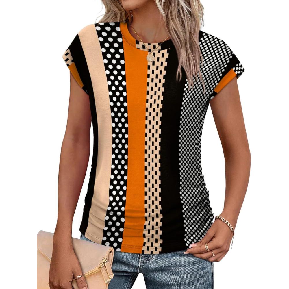 imageSAMPEEL Womens Summer Tops Trendy 2025 Ruched Cap Short Sleeve Tshirts Shirts Crew Neck T Shirts FashionStripe and Polka Dot