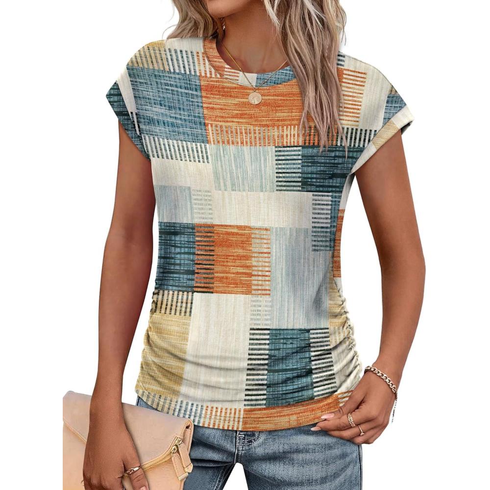 imageSAMPEEL Womens Summer Tops Trendy 2025 Ruched Cap Short Sleeve Tshirts Shirts Crew Neck T Shirts FashionStylish Plaid