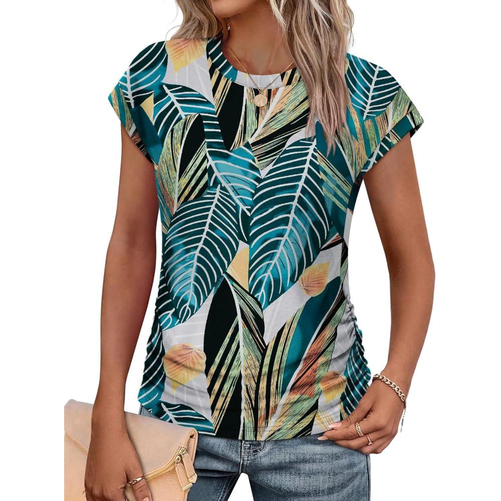 imageSAMPEEL Womens Summer Tops Trendy 2025 Ruched Cap Short Sleeve Tshirts Shirts Crew Neck T Shirts FashionTropical Palm Leaf