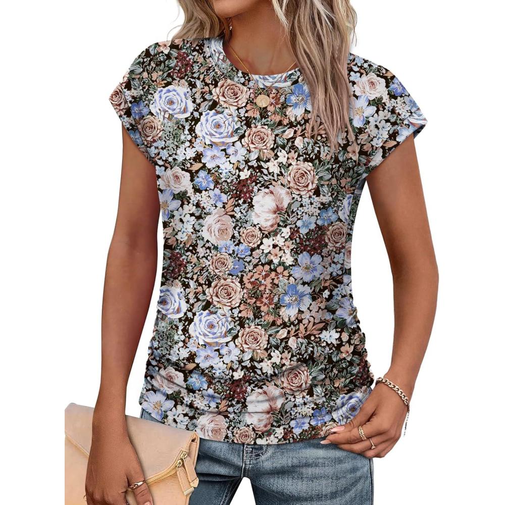 imageSAMPEEL Womens Summer Tops Trendy 2025 Ruched Cap Short Sleeve Tshirts Shirts Crew Neck T Shirts FashionUnique Floral Black