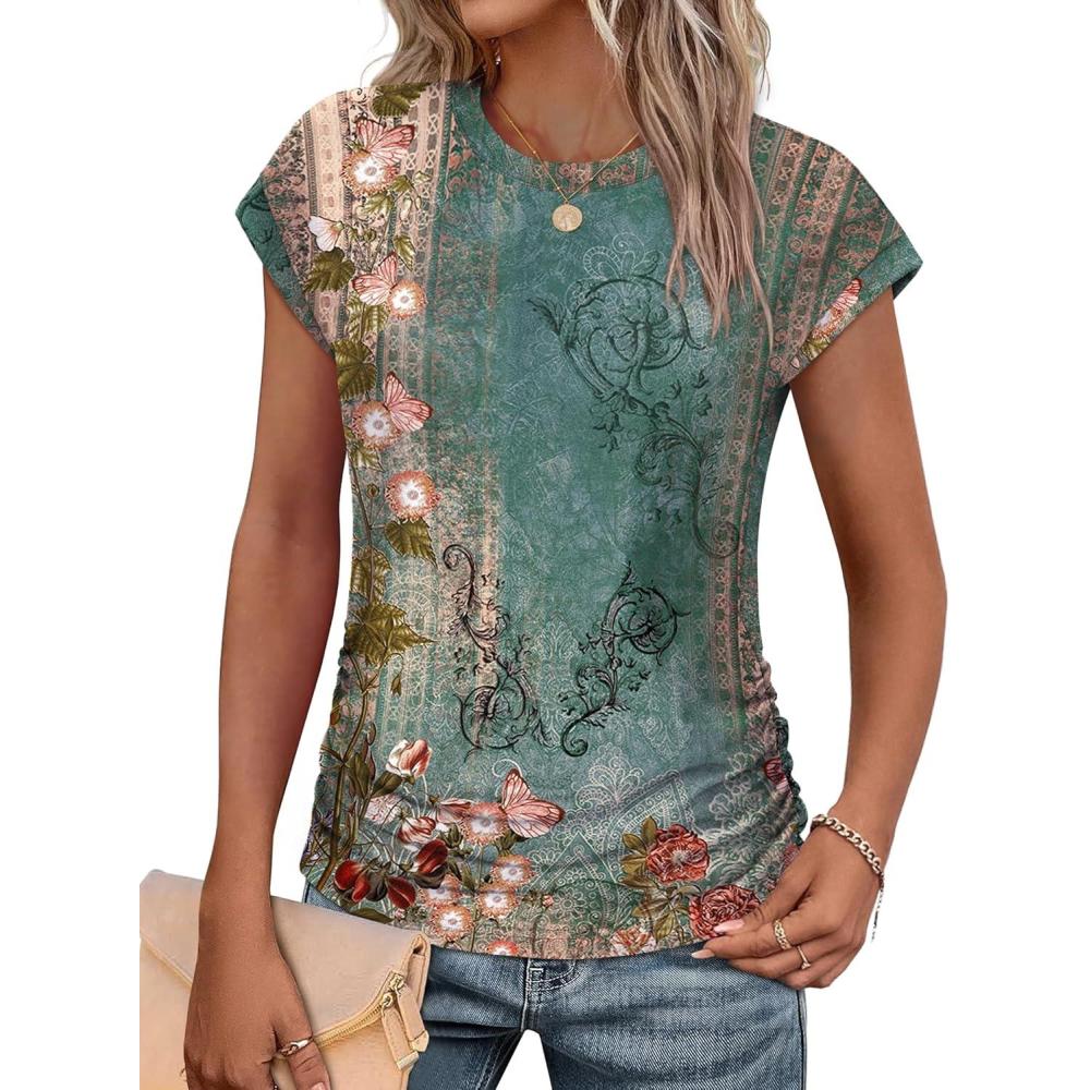 imageSAMPEEL Womens Summer Tops Trendy 2025 Ruched Cap Short Sleeve Tshirts Shirts Crew Neck T Shirts FashionUnique Floral Green