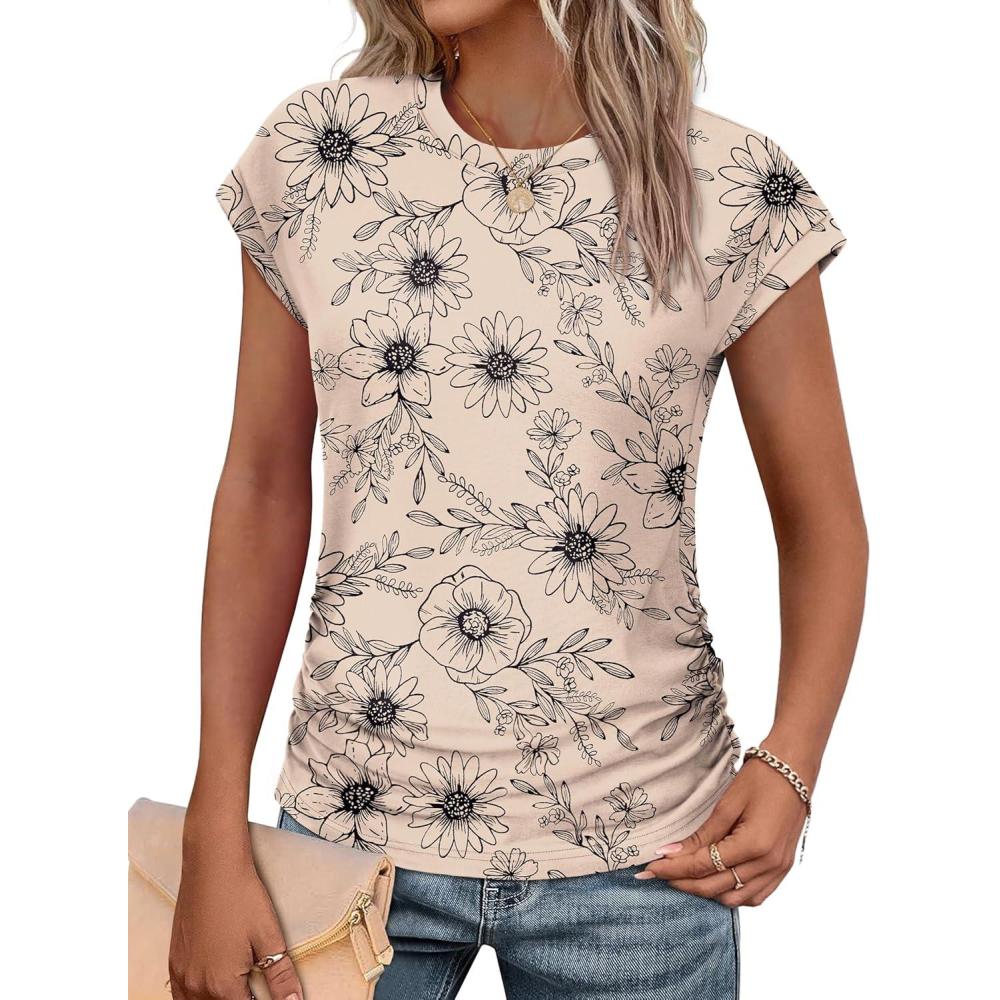 imageSAMPEEL Womens Summer Tops Trendy 2025 Ruched Cap Short Sleeve Tshirts Shirts Crew Neck T Shirts FashionUnique Ink Painting Flowers