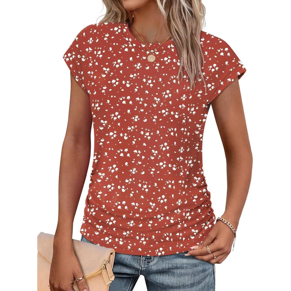 imageSAMPEEL Womens Summer Tops Trendy 2025 Ruched Cap Short Sleeve Tshirts Shirts Crew Neck T Shirts FashionUnique Irregular White Dots