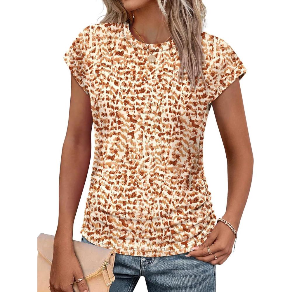 imageSAMPEEL Womens Summer Tops Trendy 2025 Ruched Cap Short Sleeve Tshirts Shirts Crew Neck T Shirts FashionUnique Orange Camouflage