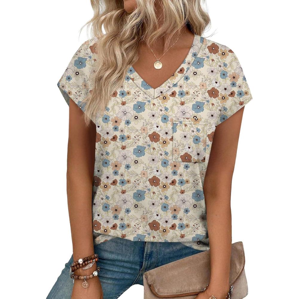 imageSAMPEEL Womens T Shirts V Neck Cap Short Sleeve Summer Tops Trendy 2025 Loose Casual Tshirts with PocketPattern Floral Khaki