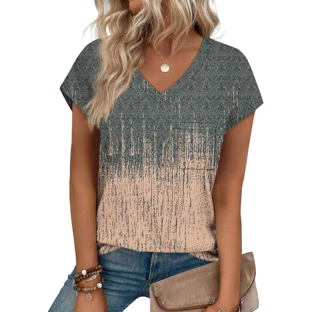 imageSAMPEEL Womens T Shirts V Neck Cap Short Sleeve Summer Tops Trendy 2025 Loose Casual Tshirts with PocketPattern Tie Dye