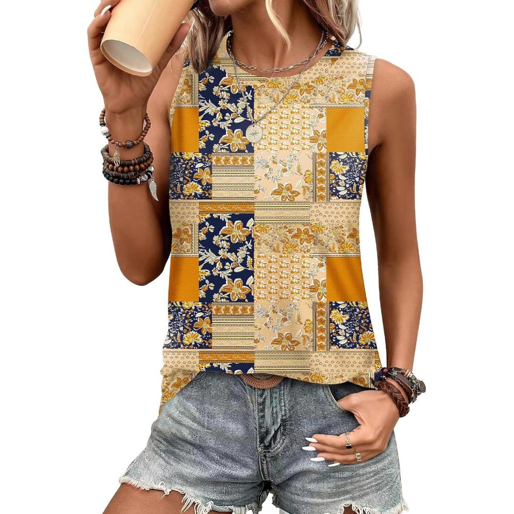 imageSAMPEEL Womens Tank Tops Eyelet Loose Casual Summer Tops Crew Neck Basic Sleeveless Shirts Trendy 2025Printmulti Brown