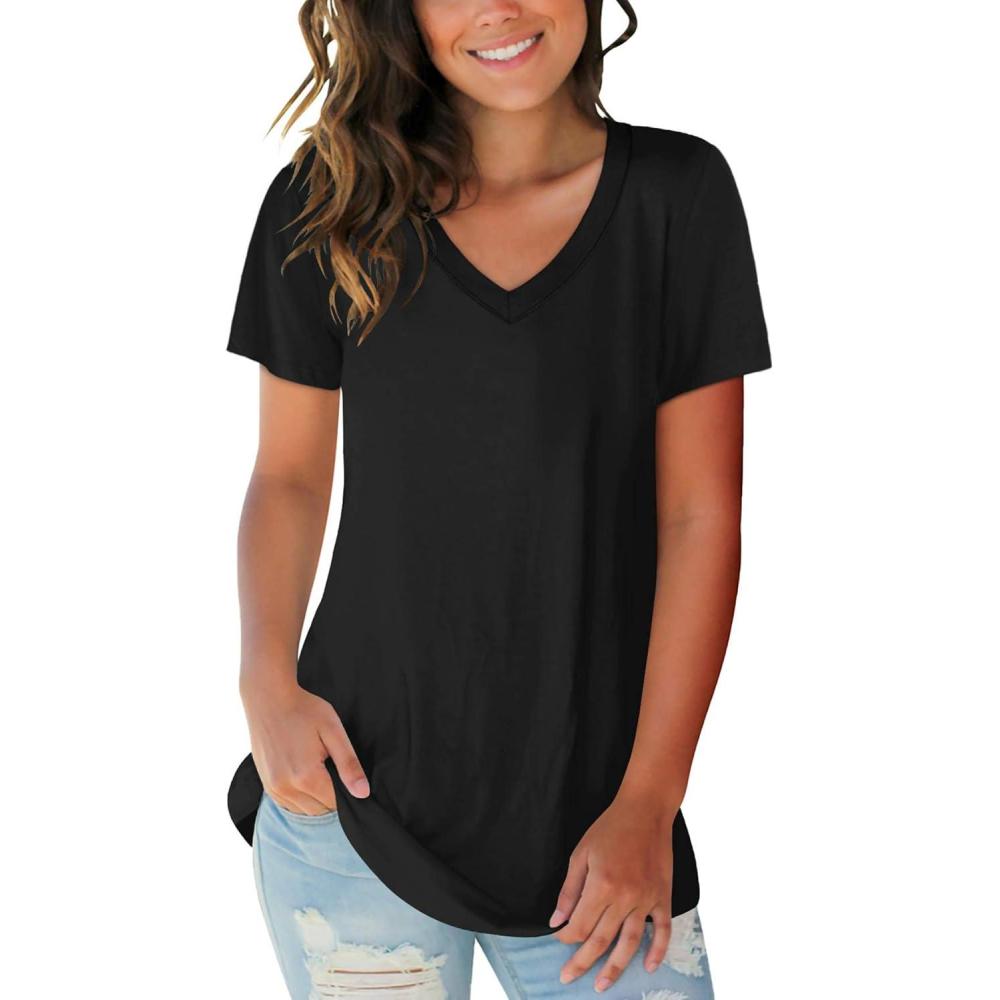 imageSAMPEEL Womens V Neck TShirts Casual Summer Loose Fit Short Sleeve Tops Basic TeesBlack