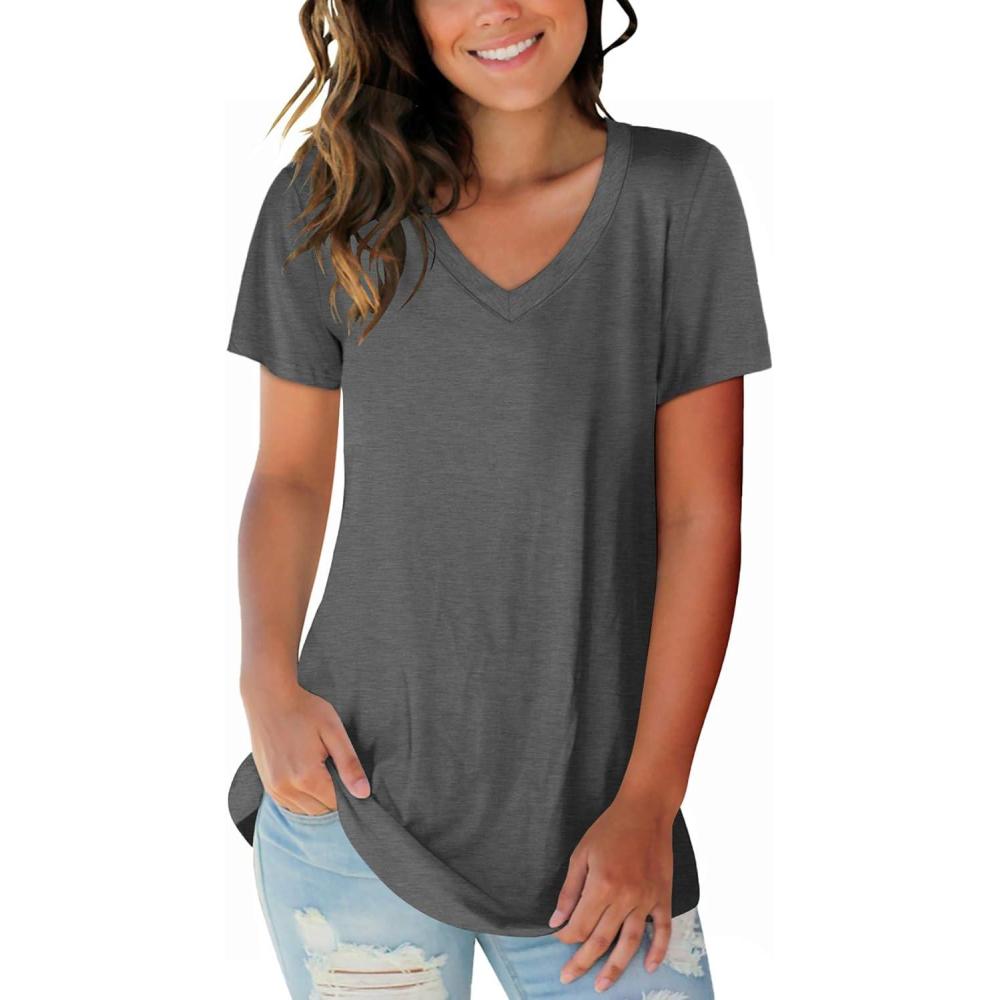 imageSAMPEEL Womens V Neck TShirts Casual Summer Loose Fit Short Sleeve Tops Basic TeesDeep Grey