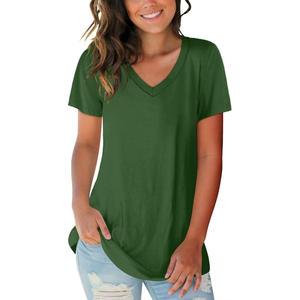 imageSAMPEEL Womens V Neck TShirts Casual Summer Loose Fit Short Sleeve Tops Basic TeesGreen
