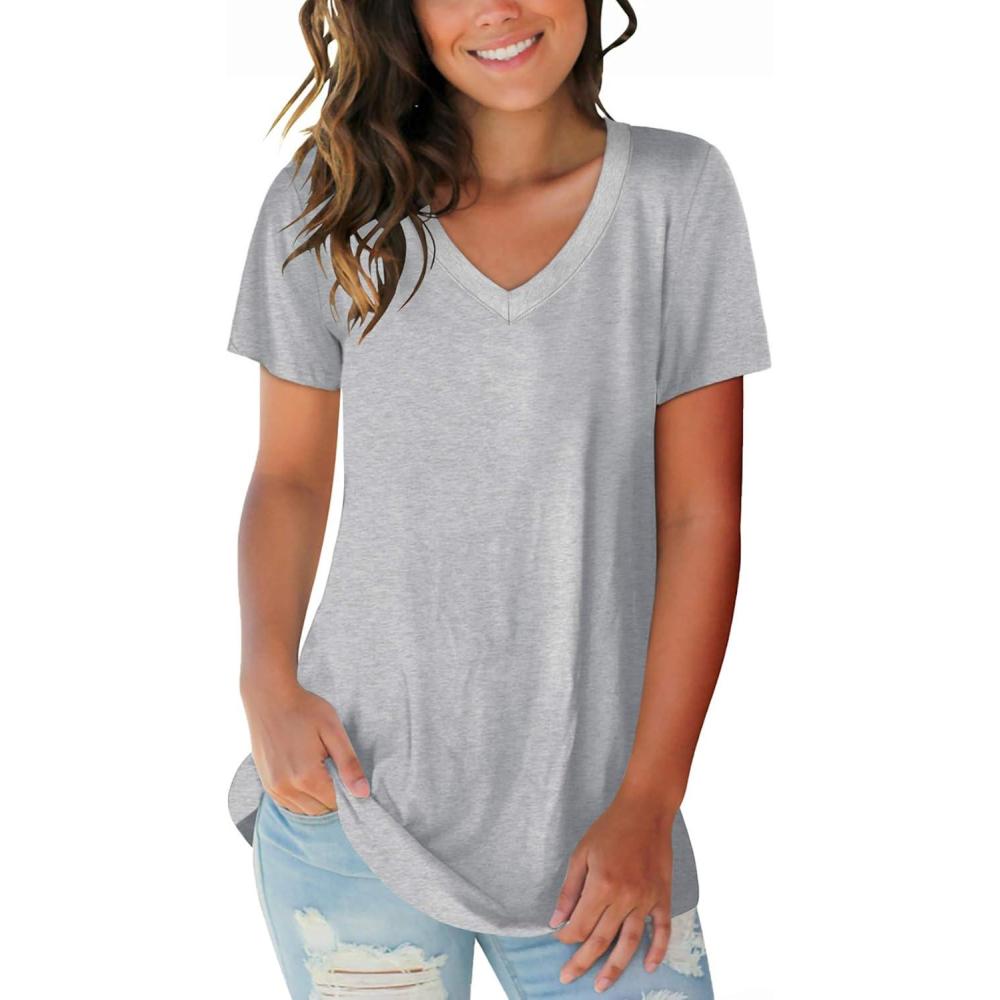imageSAMPEEL Womens V Neck TShirts Casual Summer Loose Fit Short Sleeve Tops Basic TeesGrey