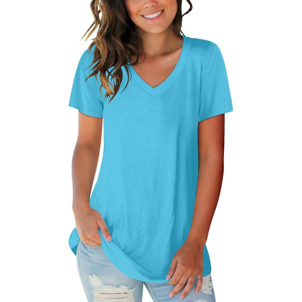imageSAMPEEL Womens V Neck TShirts Casual Summer Loose Fit Short Sleeve Tops Basic TeesLakeblue