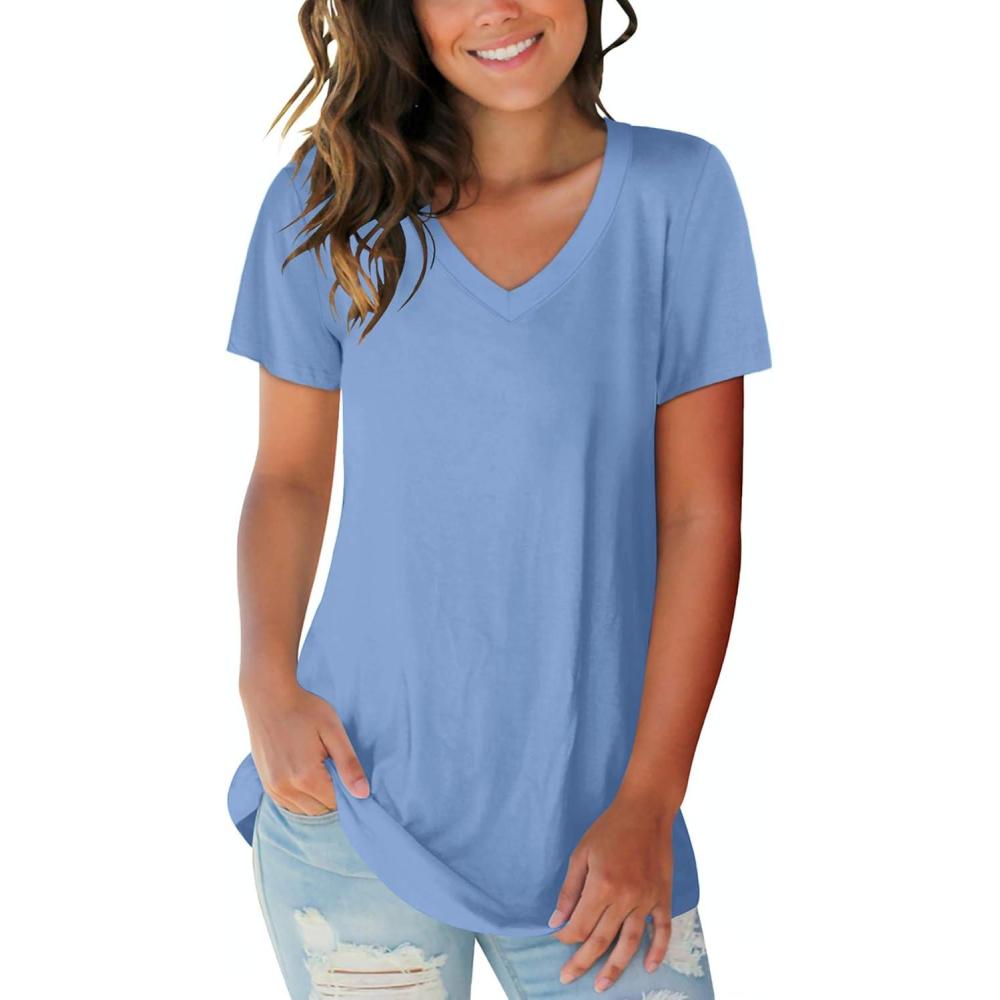 imageSAMPEEL Womens V Neck TShirts Casual Summer Loose Fit Short Sleeve Tops Basic TeesLight Blue