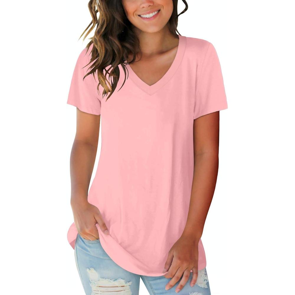 imageSAMPEEL Womens V Neck TShirts Casual Summer Loose Fit Short Sleeve Tops Basic TeesPink